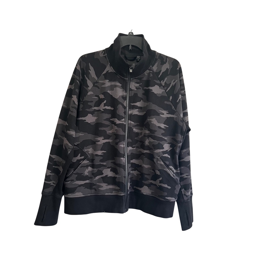Athleta Triumph Printed Full Zip Jacket 1X Camo Black Grey Thumbhole Mock Neck